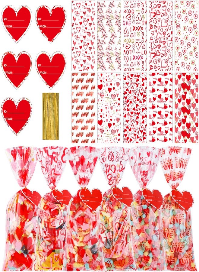 Aodaer 200 Pieces Valentine Cellophane Bags Plastic Valentines Party Treat Bags Clear Candy Gift Bags with 200 Twist Ties 50 Gift Tags, Assorted Style for Valentines Party Favors, 5 x 11 Inch - Image 1